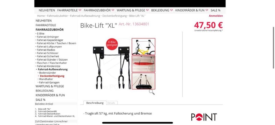 Deckenlift Fahrrad E-Bike 57kg Bike Lift XL NP45,95€ in Ingolstadt