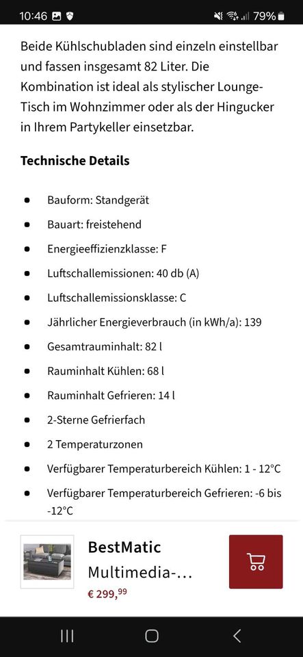 BestMatic Multimedia Kühltisch , Tisch , Couchtisch , Kühlschrank in Rotenburg