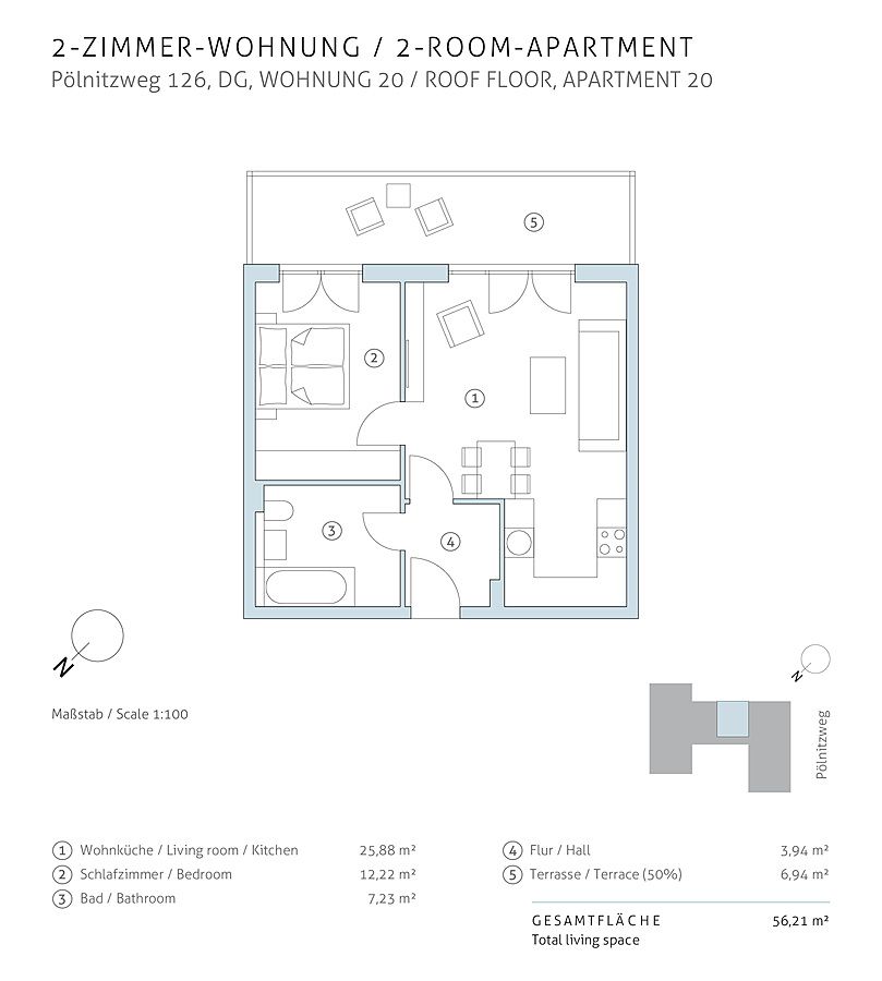 Vermietete 2 Zimmerwohnung mit Dachterrasse, Fußbodenheizung & guter Energieklasse in Berlin