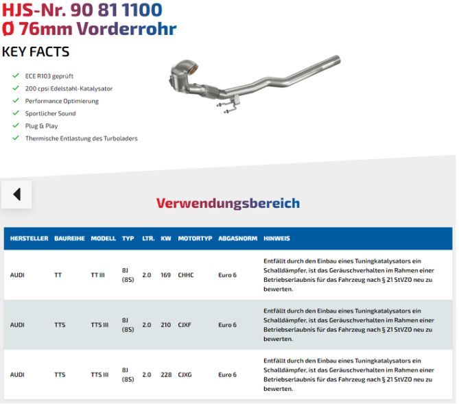 HJS ECE Downpipe Audi TT / TTS 3 - 8J 8S 2.0 TFSI in Vilshofen an der Donau