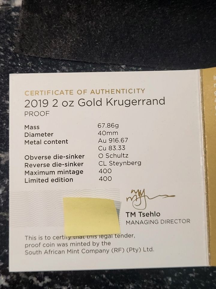 2 Oz Krügerrand Goldmünze 2019 Proof mit COA in Schwaikheim