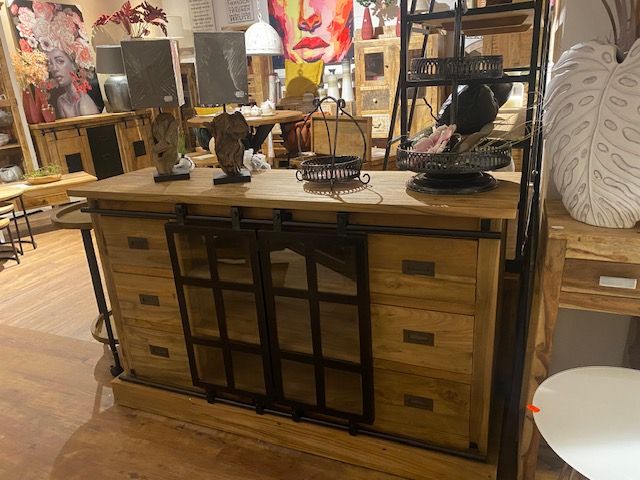 Sideboard Blackburn Teakholz & Glas/Metallschiebetüren, B 140 cm in Ronneburg