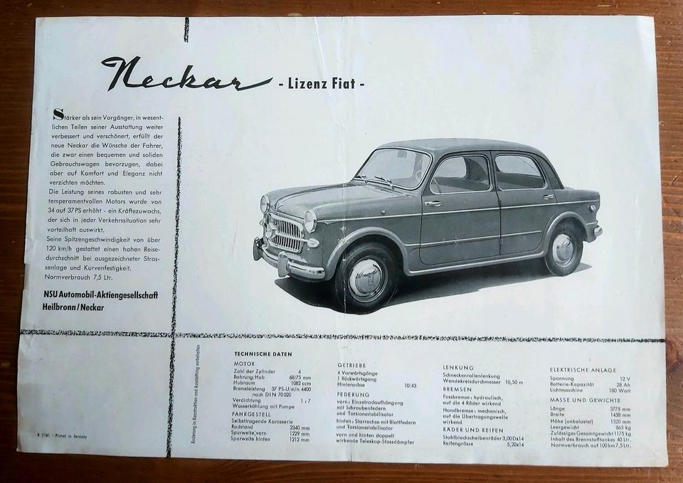 Prospekt NSU Fiat Neckar 1100 ca. 1962 in Hildesheim