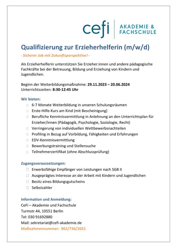 Weiterbildung zur Erzieherhelferin (m/w/d) START 09.09.2024 in Berlin