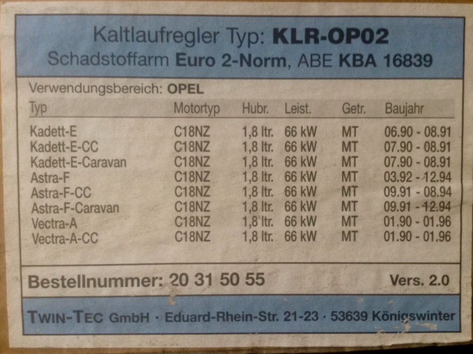 Opel • 1,8 ltr.• 66kW • C/NZ • OPo2 • Kaltlaufregler • 90-96 in Neunkirchen