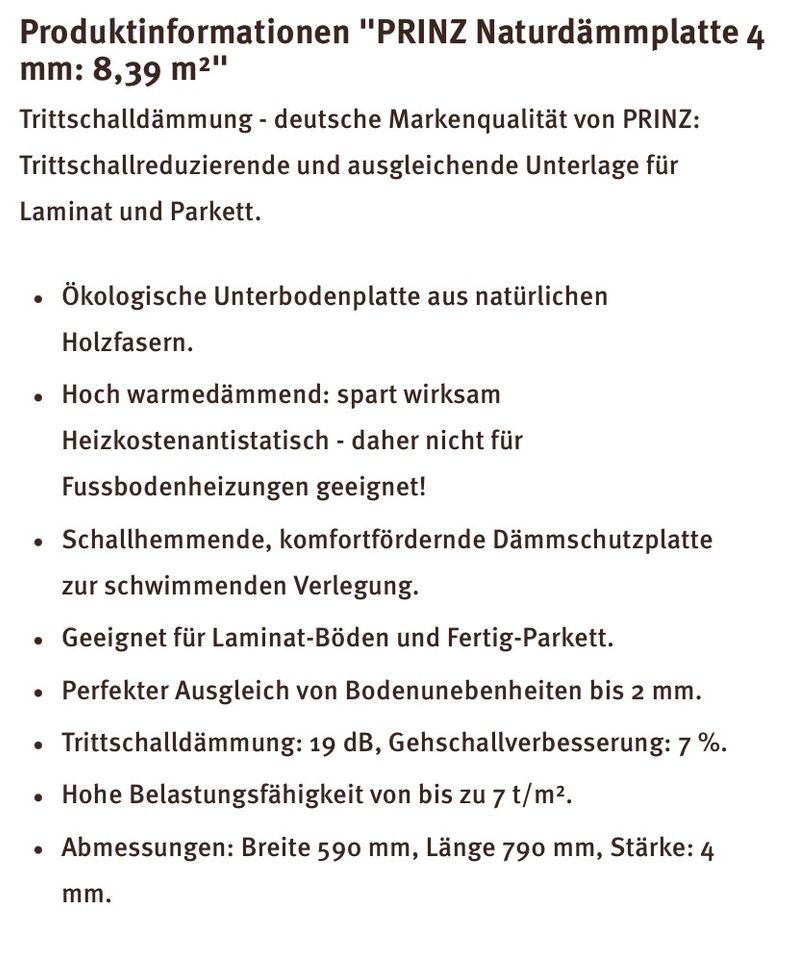 4x PRINZ Trittschall Naturdämmplatte 4 mm: 8,39 m2/Paket in Stuttgart