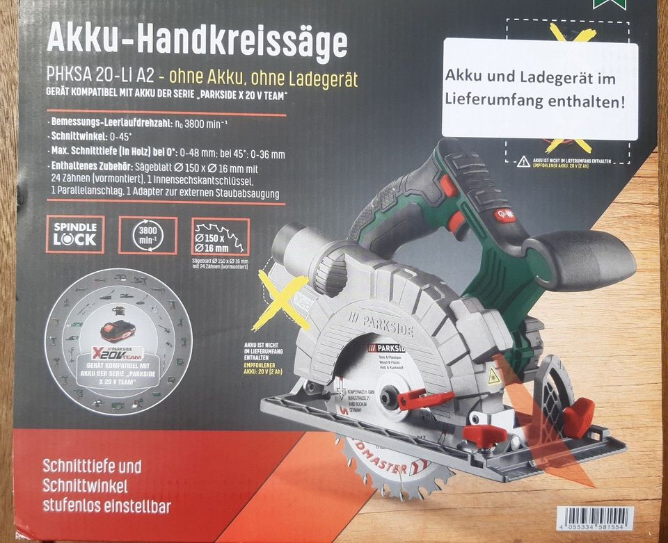 PARKSIDE® Akku Handkreissäge PHKSA 20-Li A2 mit Akku & Ladegerät in Bad Gottleuba-Berggießhübel