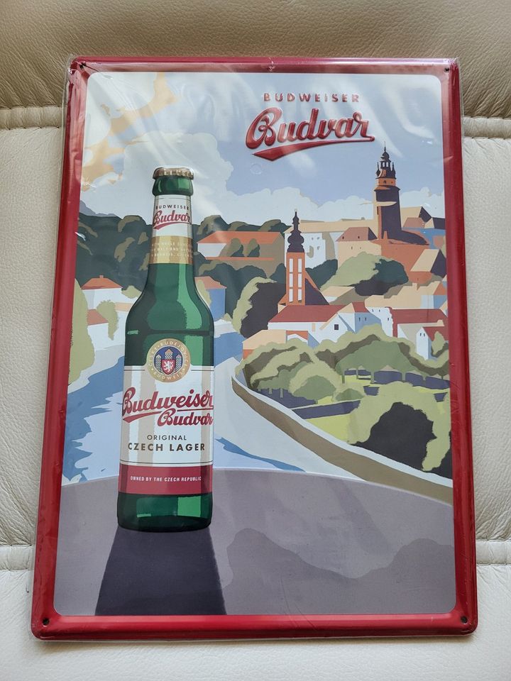 Blechschild, Budweiser, Werbeschild, Dekoschild, Budvar, Werbung in Auerbach (Vogtland)