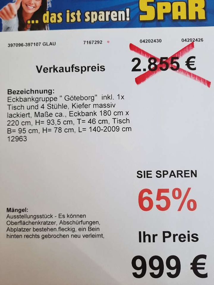 Eckbank + 4 Stühle + Tisch, massive Kiefer statt 2855 € in Glauchau