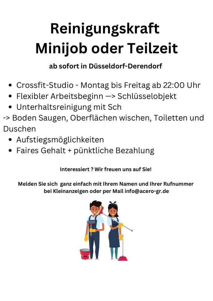 Reinigungskraft Minijob 538€ oder Teilzeit ab sofort in Düsseldorf