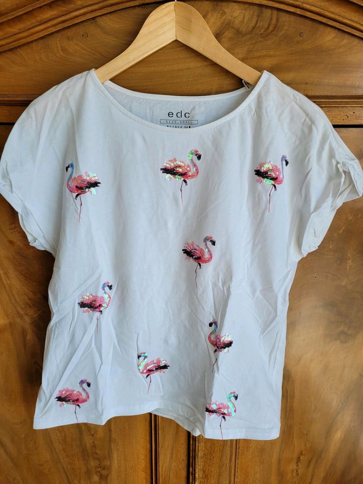 NEU Esprit edc Shirt weiß rosa Flamingos aus Pailletten S in München