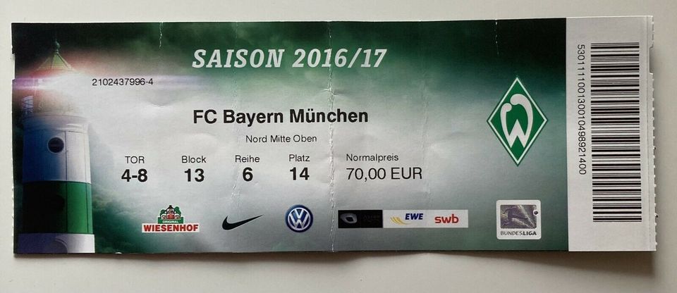 Eintrittskarte Werder - Bayern München 2016/17 in Stuhr