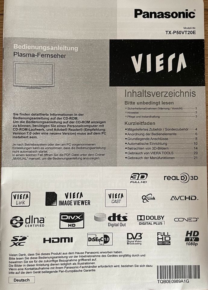Panasonic TX-P50VT20E (50-Zoll-3D-Plasma-TV) inkl. 3D-Brillen in Leipzig