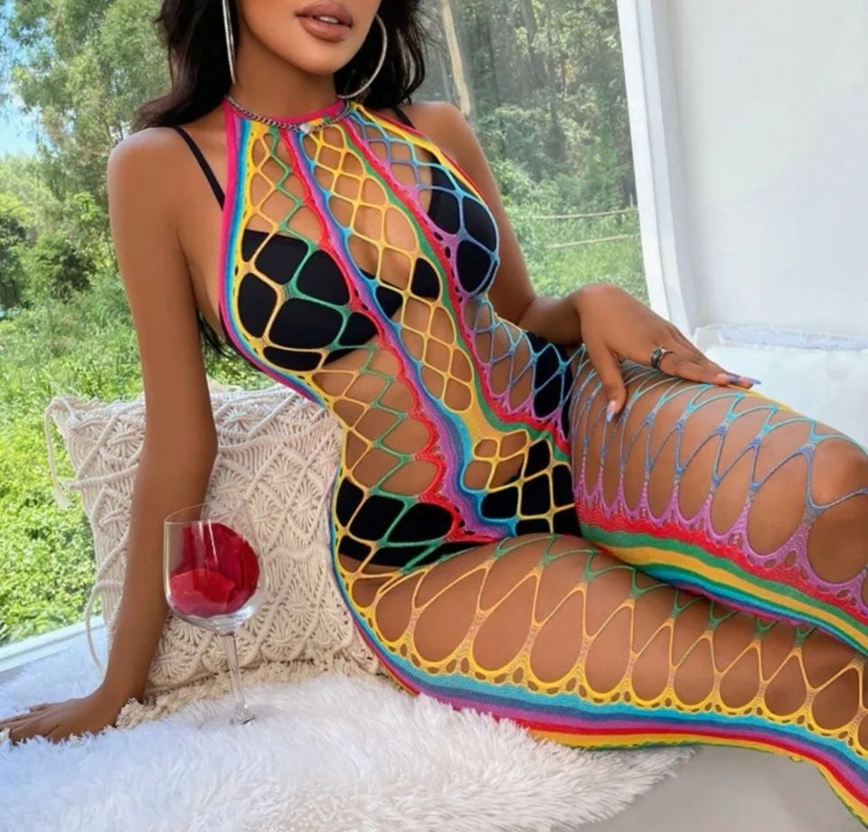 Damen Netz Mini-Kleid Regenbogen catsuit hochwertig Dessous in Essen