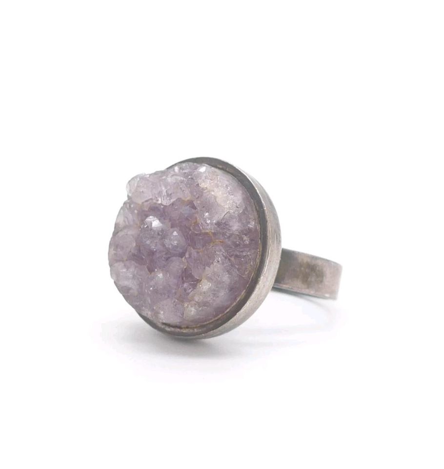 835 Silber Ring mit Amethyst Edelstein roh, 1970 er Space Age in Schmoelln