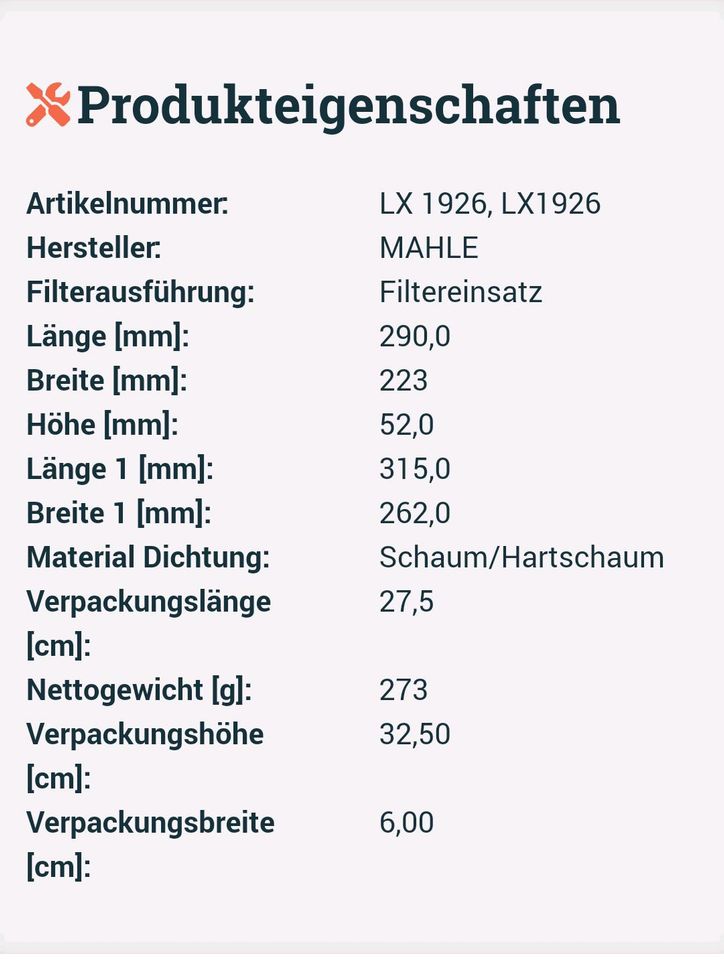 ‼️Mahle Luftfilter LX1926‼️ in Aßlar