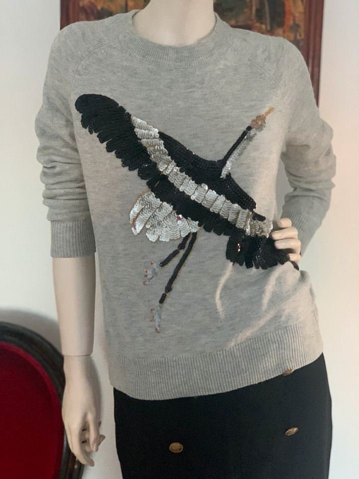 H&M Strickpulli/Pullover,Gr.36/S,grau/Pailletten,Vogel Motiv in München