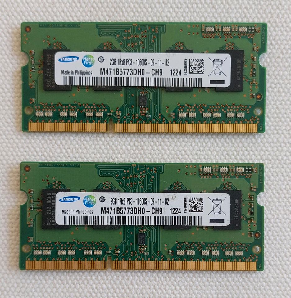 2 x 2Gb Arbeitsspeicher DDR3 PC3-10600S SO-DIMM, getestet, gut in Hannover