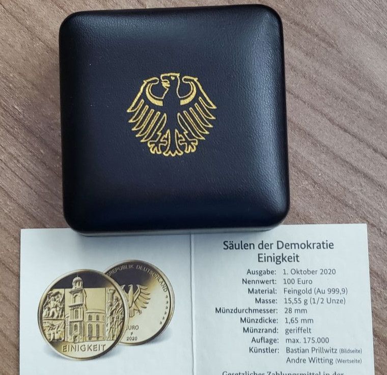 Originaletui Box 100 Euro Goldmünze Säulen der Demokratie 2020 in Ludwigsburg