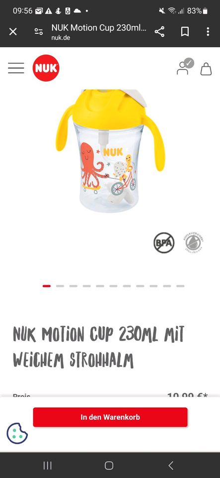NUK Motion Cup, Trinklernbecher,230ml mit weichem Strohhalm (NEU) in Klein-Winternheim