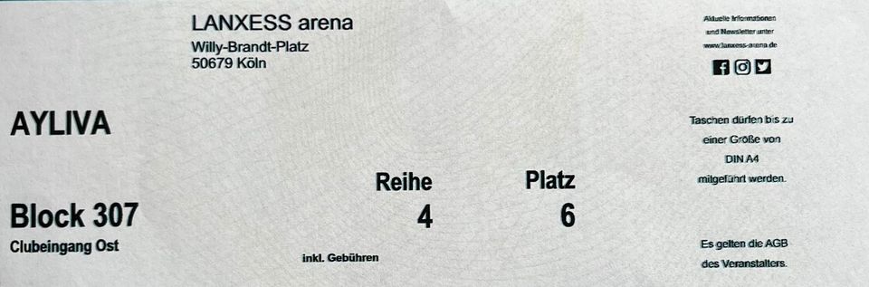 Ticket  "Ayliva Konzert"  in Köln 13.09.2024 ( Sitzplatz ) in Paderborn