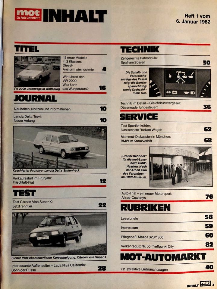 MOT die Auto Zeitschrift 1/1982 Citroën Visa Lancia Delta Trevi in Essen