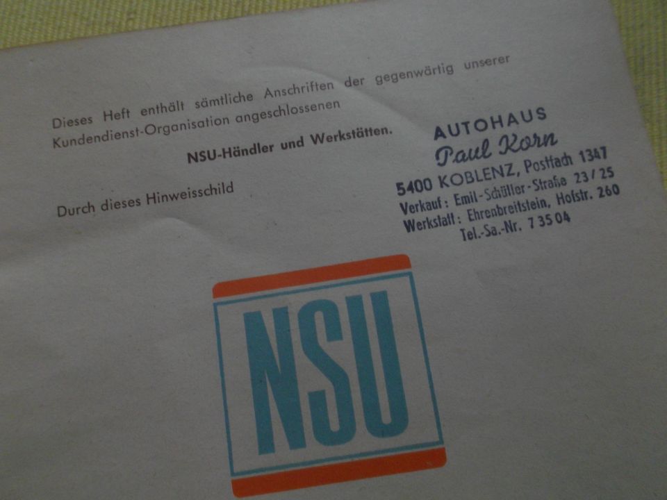 ++ NSU 1200 ++ BETRIEBSANLEIGUNG + KUNDENDIENSTVERZEICHNIS 1969 in Koblenz