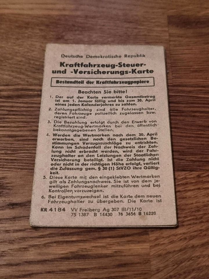 Kraftfahrzeug Steuer & Versicherungs Karte DDR in Stechow-Ferchesar