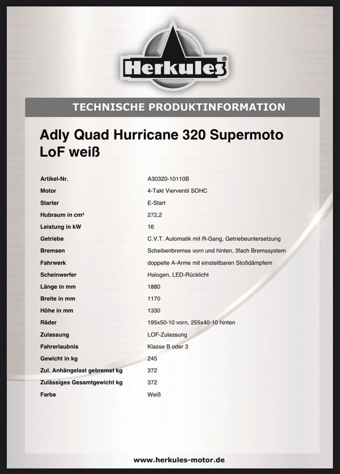 Quad Adly Hurricane 320 Supermoto LOF TÜV Neu! in Rinteln