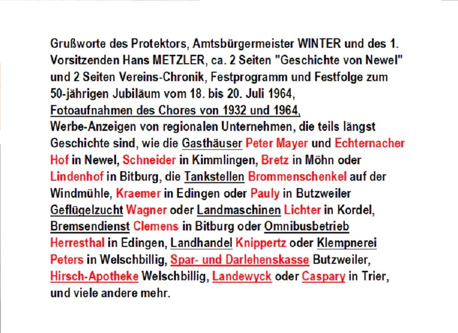 alte Festschrift:v.1964  50 JAHRE MÄNNER-GESANG-VEREIN NEWEL in Bitburg