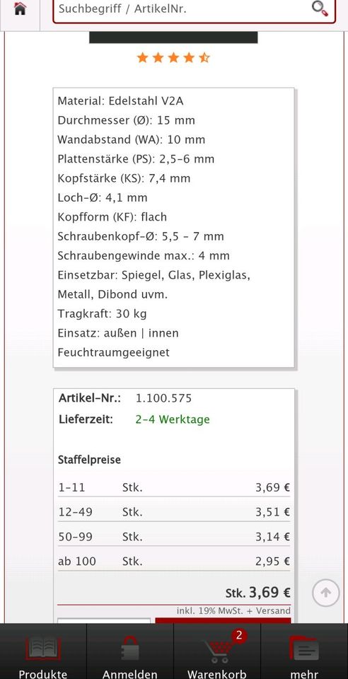 Wandhalterung Glas Abstandshalter Spiegel Halter V2A Nassbereich in Bardowick