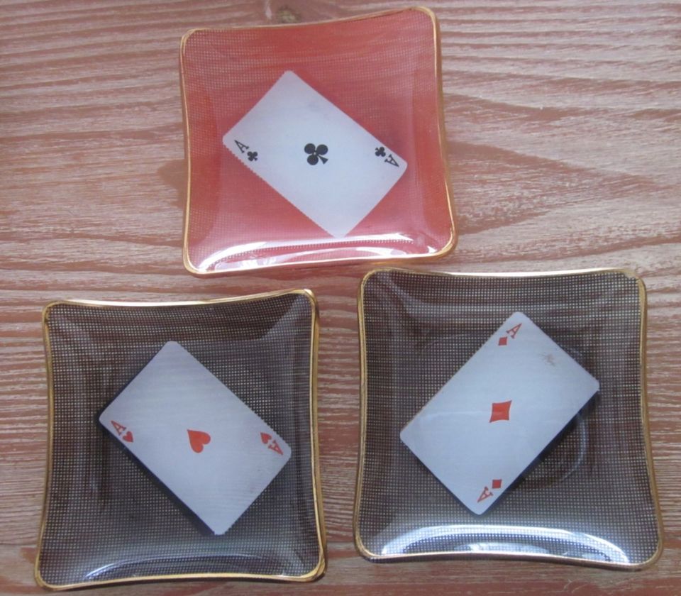 3 kleine Glas-Tellerchen mit Spielkartenmotiv Vintage in Gilching