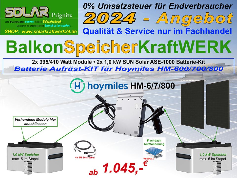 Batterie Aufrüst-Kit für Mikrowechselrichter HM-6/7/800 & 2x 395 W Module & 2x 1 kW Stromspeicher - plug & play - Komplettsystem in Dannenwalde (Gumtow)