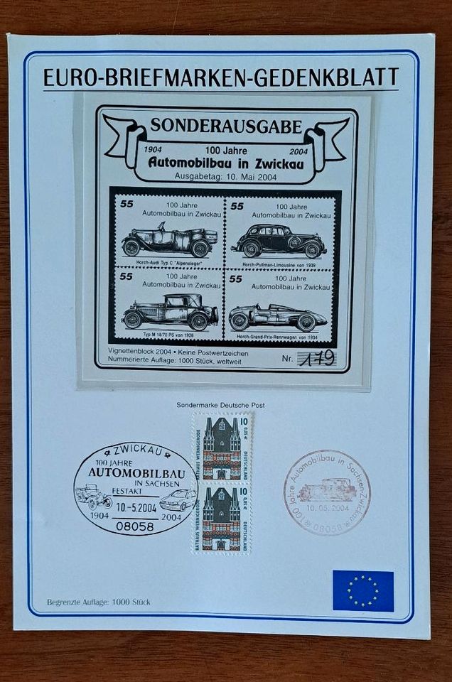 Euro-Briefmarken-Gedenkblatt "Automobilbau in Zwickau" in Hermsdorf