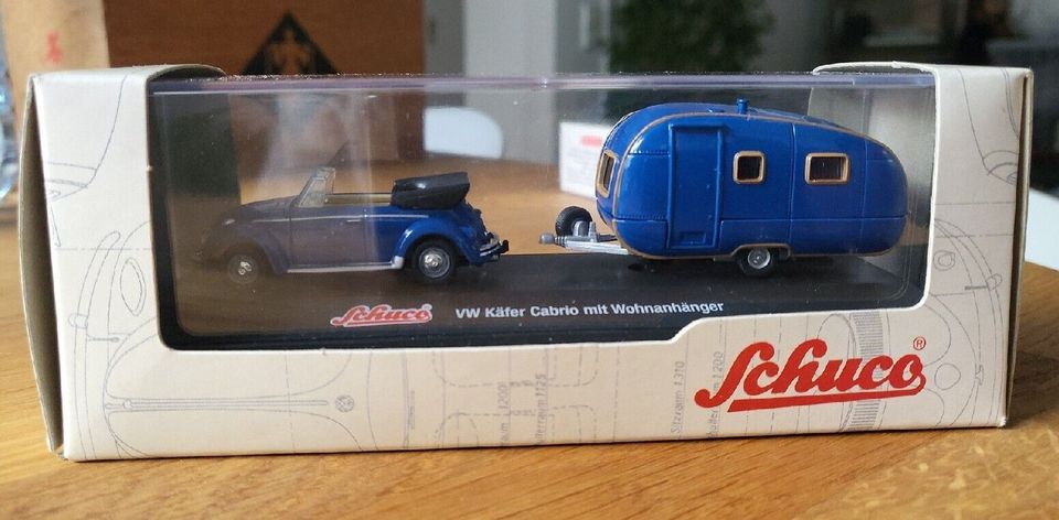 Modellauto Schuco VW Käfer Cabrio mit Wohnwagen 1:72 in OVP blau in Nattheim