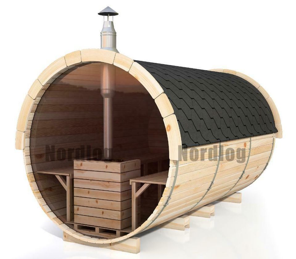 NordLog Fasssauna Ø 2,27 x L 4,8m Seiteneingang Gartensauna Sauna in München