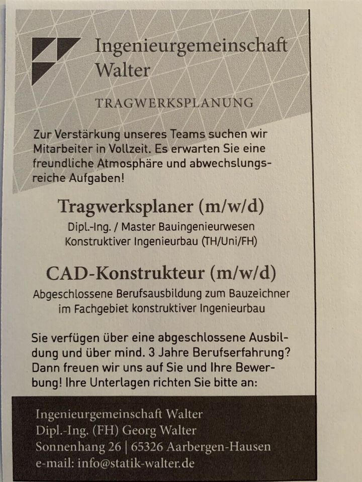 Bauzeichner (CAD-Konstrukteur) - (m, w, d) in Aarbergen