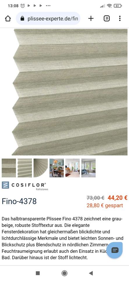 Plissee Cosiflor, VS2 Farbe Fino 4378 in Grebenhain