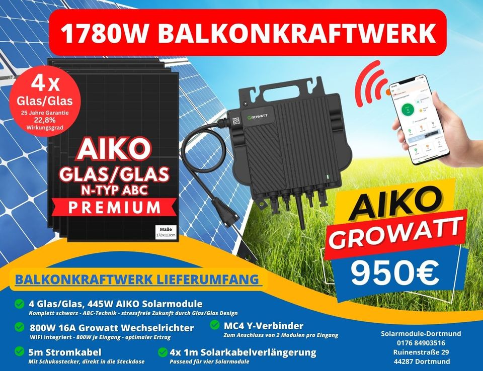 1780W Balkonkraftwerk 445W black Aiko Module  800W Growatt WR in Dortmund