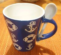 Tasse Becher m. passendem Löffel maritimes Muster blau weiß 350ml Bayern - Otterfing Vorschau