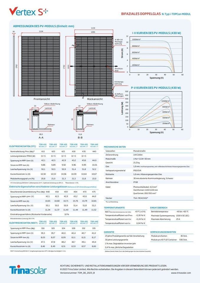 Photovoltaik mit photovoltaischer Heizstab Bifazial Trina Vertex in Zweibrücken