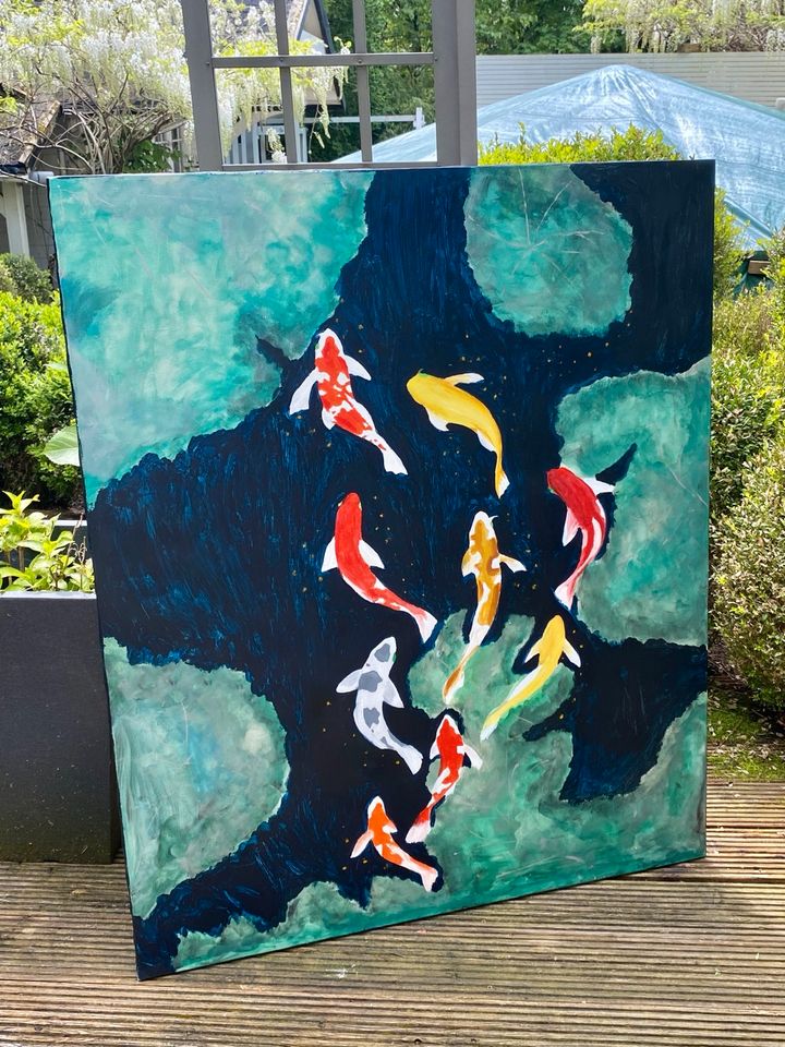 Acrylbild auf Leinwand 100x120 cm , Motiv Kois im Teich in Haan
