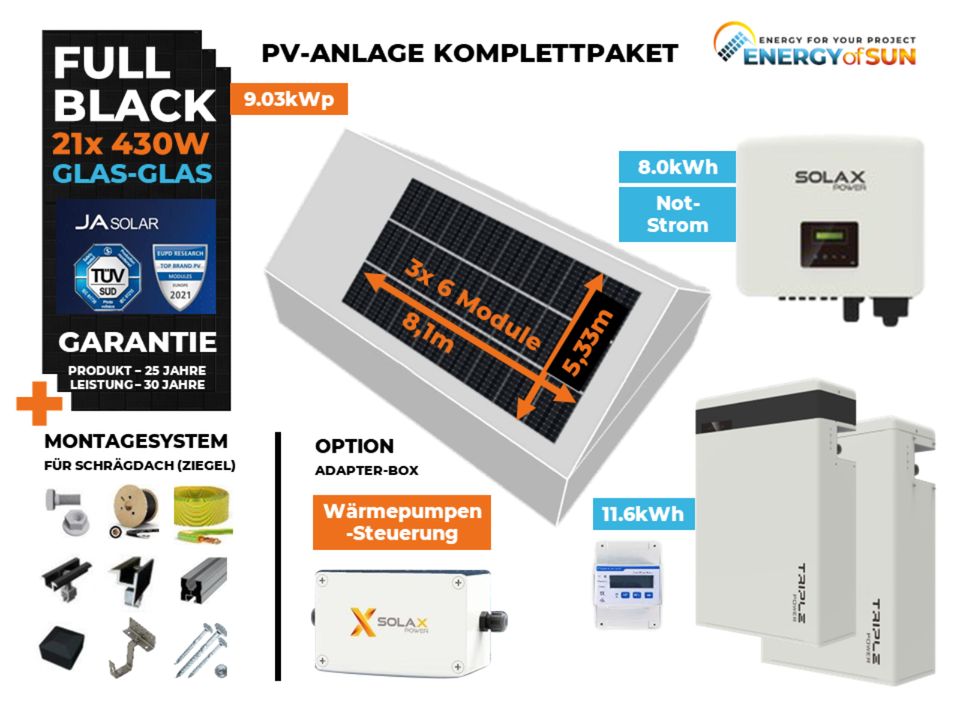 9.03 kW PV ANLAGE KOMPLETTSET SOLAX ZIEGELDACH SOLARANLAGE X3-HYBRID-8.0-D in Gütersloh