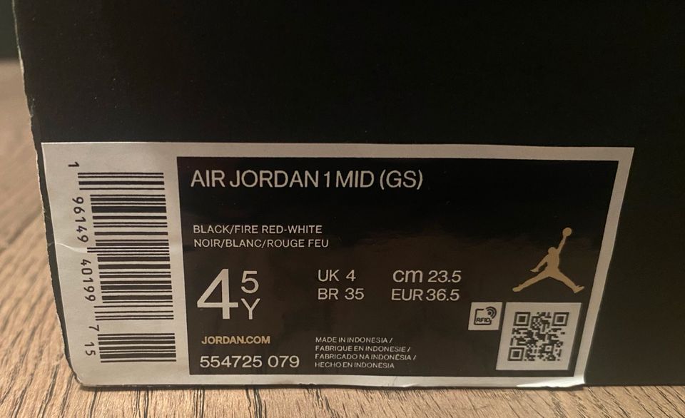 Air Jordan 1 Mid (GS) Alternate Bred Toe in Größe 36,5 in Bad Soden am Taunus