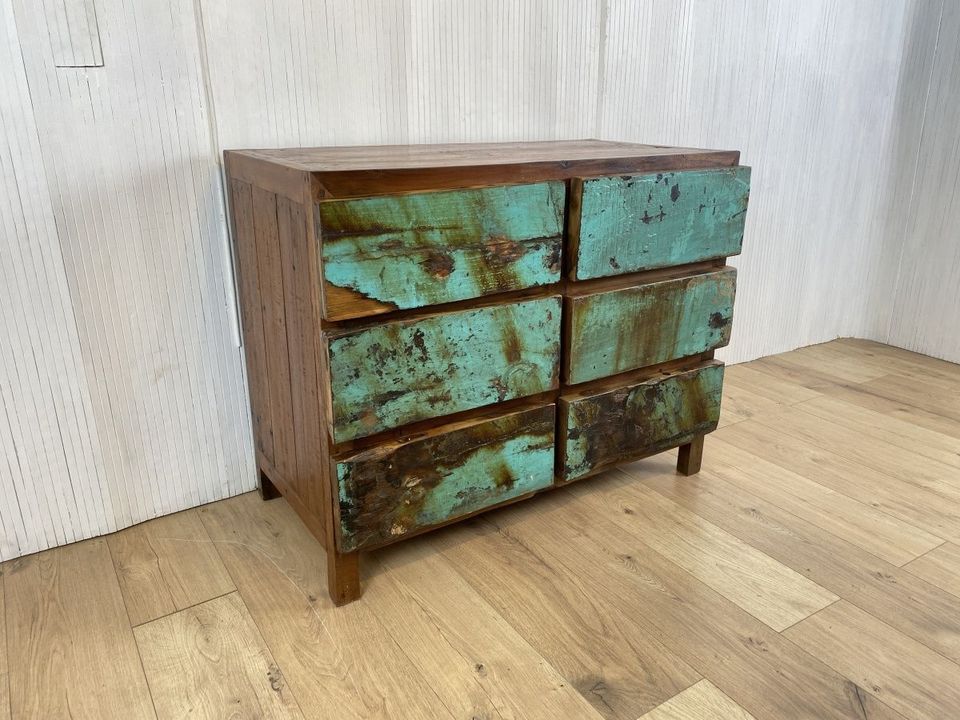 Boatwood by WMK # Meeresblaue Schubladenkommode aus altem Bootsholz, ein handgefertigtes Unikat aus massivem Teakholz # Schrank Kommode Wäschekommode Sideboard Wickelkommode Flurkommode Chest Teak in Berlin