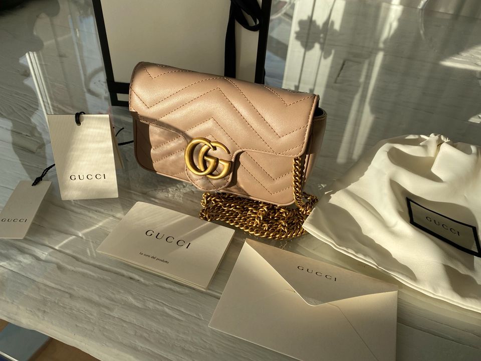 Original Gucci GG MARMONT SUPER-MINI-TASCHE LEDER beige blassrosa in Linkenheim-Hochstetten