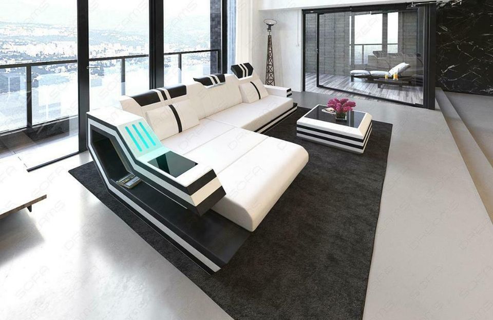 Ledersofa Ravenna L Form Ecksofa mit Ottomane LED Design Couch in Berlin