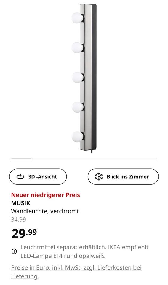 Beleuchtung Lampe Ikea MUSIK 2x inkl. Glühlampen Schminktisch NEU in Scharnebeck