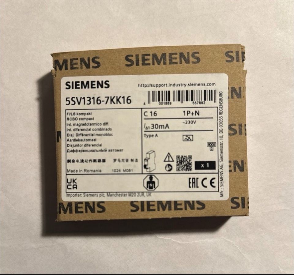 Siemens Fi LS C 16A 1TE 30mA Typ A 1P+N 5SV1316-7KK16 in Stuttgart