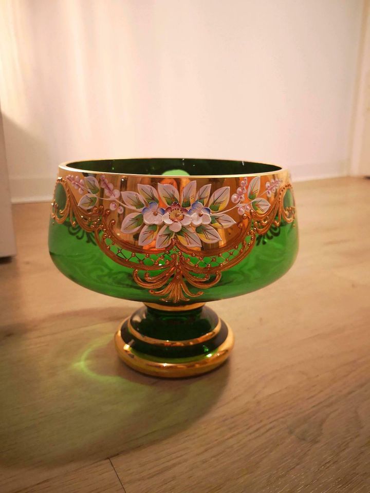 *TOP* Bohemia Schale Vase Emaille Grün Blüten Blumen Gold edel in Aschaffenburg